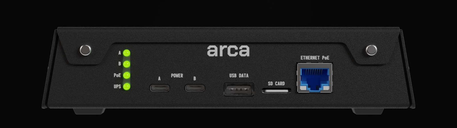 arca rear panel rendering showing status LEDs, USB power inputs, USB data, SD card, and Power Over Ethernet port